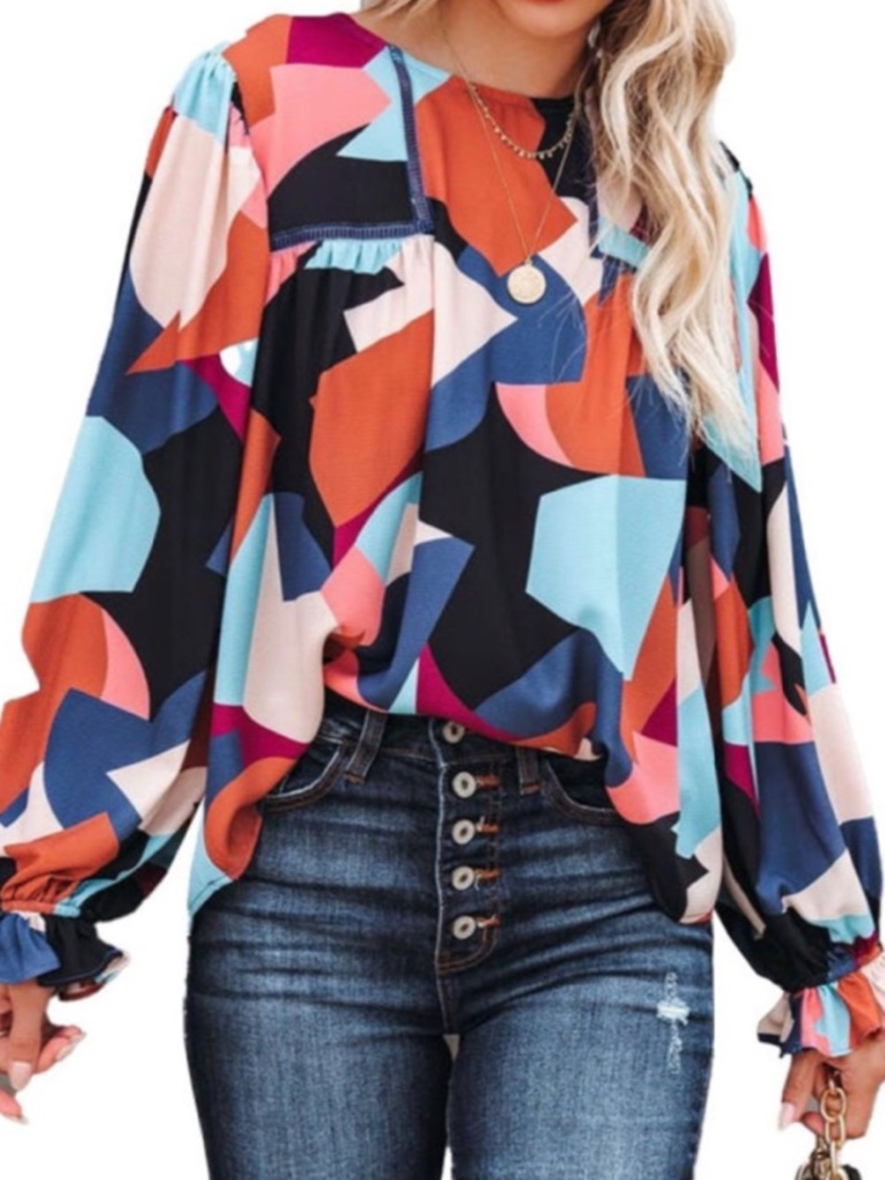 Orange Abstract Retro Multicolor Boho Chic Ruffled Puff Sleeve Blouse Size XL - Picture 2 of 10